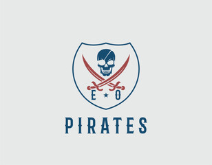 Simple Red Blue Pirates Skull With Cross Sword Logo Design Template