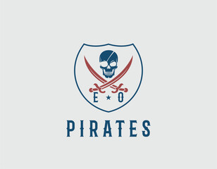 Simple Red Blue Pirates Skull With Cross Sword Logo Design Template