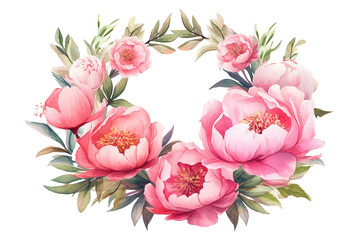 Round wreath with watercolor peonies in a circle on a transparent background. Watercolor peonies illustration. PNG image. Generative AI technology