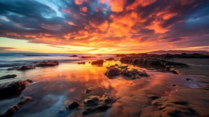 Fototapeta na wymiar photo of sunset on the beach with vibrant colors and spectacular clouds