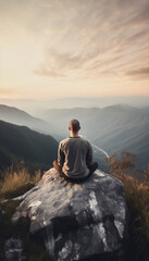 Fototapeta premium Mental health concept, a man meditating sitting on stones in the mountains, AI generated
