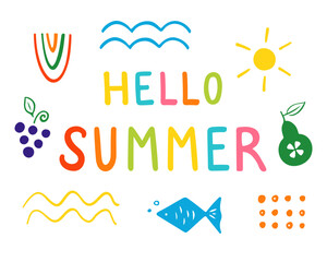 Hello summer, colorful summer background and banner design with fruits and abstract shapes