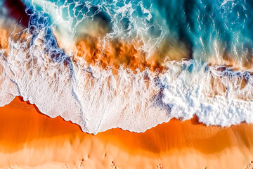 An aerial view of a beach with blue and orange waves and the beach and the ocean.