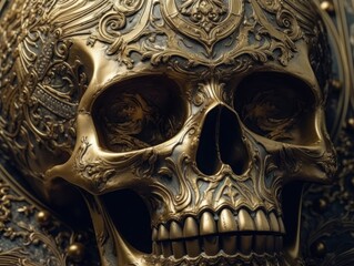 Skull with golden ornament on a dark background Created with Generative AI technology