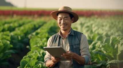 Portrait asian man working with online tablet gardening cabbage farm. Generative AI.