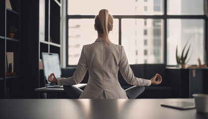 Back view, businesswoman meditating at workplace, AI generated