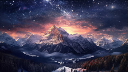 photo of snowy landscape with towering mountains and a starry sky