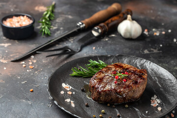 Grilled beef tenderloin steak. Restaurant menu, dieting, cookbook recipe top view