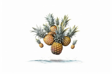 Ananas floating in mid-air, with no visible means of support. The ananas are shown in a variety of shapes and sizes on white background. Generative Ai