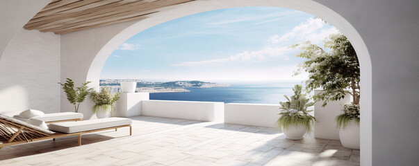 Fototapeta na wymiar White patio overlooking the sea, interior design, generative ai