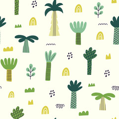 Tropical seamless pattern cute cartoon background. Hand drawn in kid style . The design used for print, wallpaper, fabric, textile Kids vector illustration - 606046829