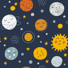 Seamless kids space pattern. Creative nursery background. Ideal for kids design, fabric, packaging, wallpaper, textiles, clothing