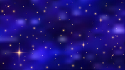 Golden stars lights on nighty sky. Horizontal space background with realistic nebula, stardust and shining stars. Infinite universe, nighttime sparkle design