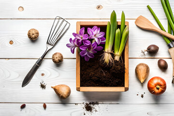 Top view Spring gardening background with hyacinth flowers, bulbs, Tubers, shovel and soil on white wooden garden table 