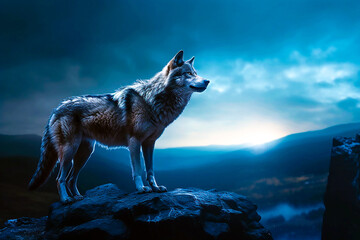 Alpha wolf standing on the top of hill with blue winter sky and moon on the background