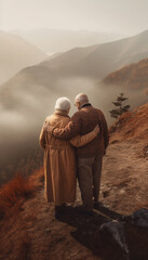 Naklejka premium Elderly senior couple hugging while walking or traveling in the mountains, back view, AI generated