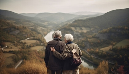 Fototapeta premium Elderly senior couple hugging while walking or traveling in the mountains, back view, AI generated