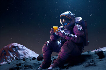 Obraz premium An astronaut holds a glass with a cocktail on the surface of the moon, Generative AI