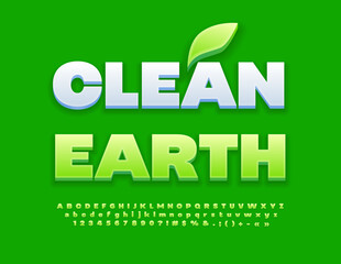 Vector eco Poster Clean Earth. Glossy Green Font. Modern 3D Alphabet Letters and Numbers