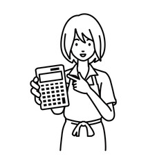 立って電卓を指差してこちらに向けて見せているエプロンをした店員の女性