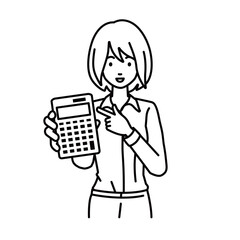 立って電卓を指差してこちらに向けて見せているブラウスの女性