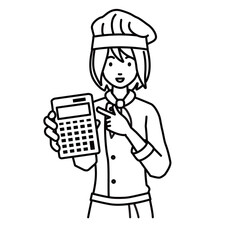 立って電卓を指差してこちらに向けて見せている調理師の女性