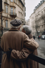 Elderly senior couple hugging and walking or traveling in the city, back view, AI generated