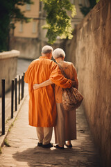 Elderly senior couple hugging and walking or traveling in the city, back view, AI generated