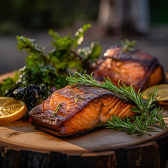 Grilled salmon steak with rosemary and lemon on a wooden board