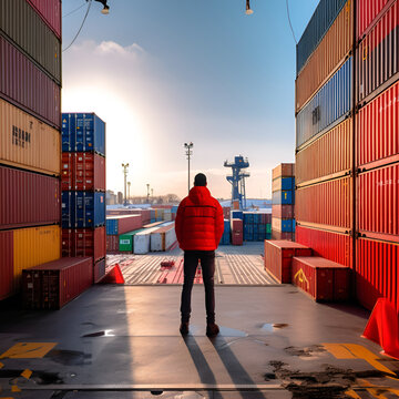 Man in red jacket standing in front of cargo containers at sunset.