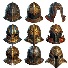 Detailed Concept Designs of Medieval Helmets on Realistic Transparent Background AI generated
