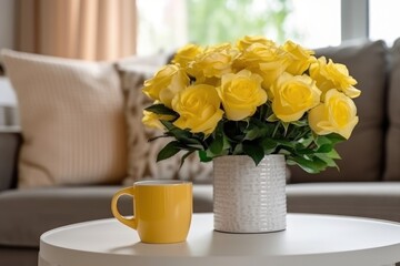 Yellow mug on coffee table. AI generated