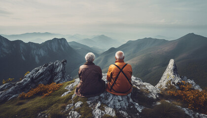 Fototapeta premium Elderly senior couple sitting on a rock in the mountains, back view, AI generated.