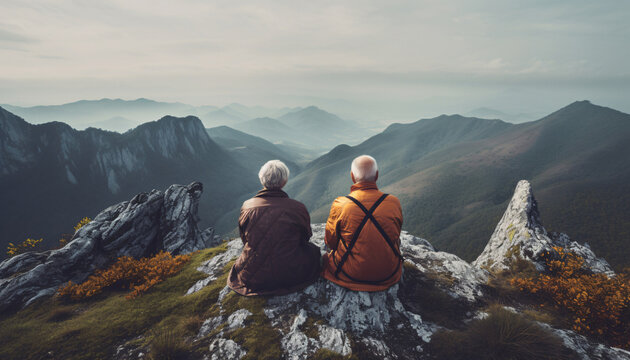 Elderly senior couple sitting on a rock in the mountains, back view, AI generated.