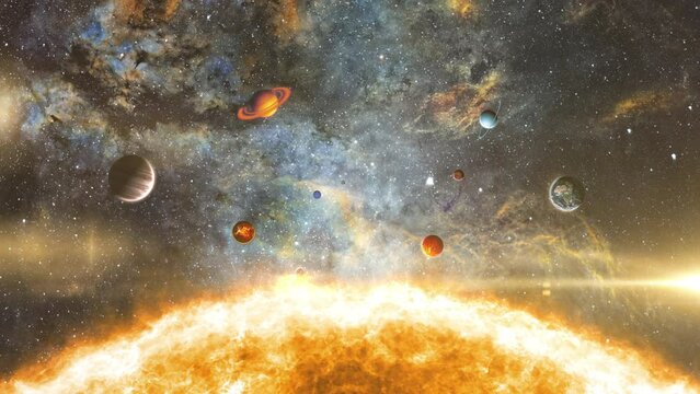 Abstract outer space view Sun solar system with Cygnus Nebula in distant planet universe background sci fi animation. 