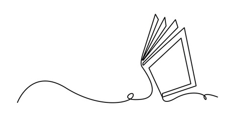 Continuously one line draws an open book with flying pages. educational equipment illustration back to school theme for website landing page. book banner single line drawing