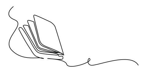 Continuously one line draws an open book with flying pages. educational equipment illustration back to school theme for website landing page. book banner single line drawing