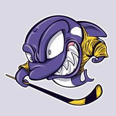 Whale mascot of a hockey team. Purple whale with a yellow uniform grinning and holding a hockey stick in its fin. Sport illustration concept.