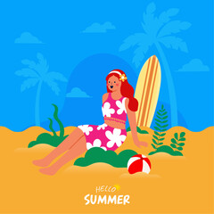 Obraz na płótnie Canvas hello summer big sale banner with woman on the beach and orange blue background. vector, Illustration ,square poster