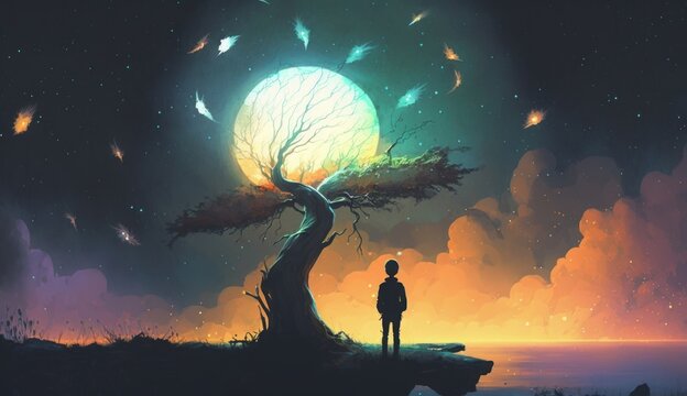 night scenery of the boy with the light ball looking at fantasy tree, digital art style, illustration painting, Generative AI