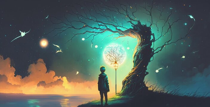 night scenery of the boy with the light ball looking at fantasy tree, digital art style, illustration painting, Generative AI
