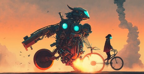 robot man on a bike designed with futuristic machines, digital art style, illustration painting, Generative AI