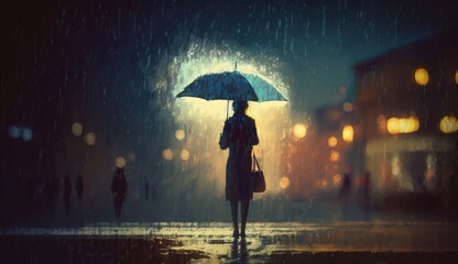 lonely woman under umbrella lights in the dark, digital painting, Generative AI