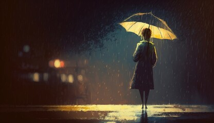 lonely woman under umbrella lights in the dark, digital painting, Generative AI - obrazy, fototapety, plakaty