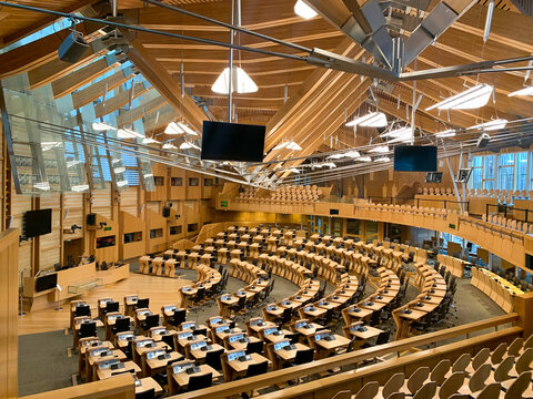 Interior of the Debating Chamber of the Scottish Parliament in Edinburgh, Scotland, UK