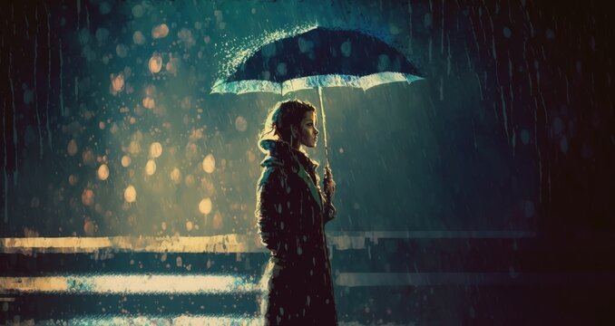 lonely woman under umbrella lights in the dark, digital painting, Generative AI