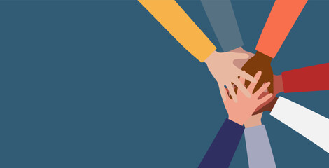 Teamwork community and cooperation. Group of hands on top of each other of diverse multiethnic and multicultural people in different country nations and continents. Concept of equality. Flat vector