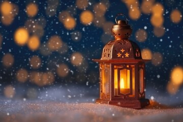 Christmas flashlight with a toy in the snow at night in the forest. Christmas eve. AI generated
