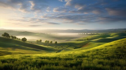 Rolling hills and meadows at sunset. Generative AI