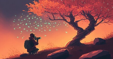 travel man taking a photo at the tree with glowing leaves floating in the sky, digital art style, illustration painting, Generative AI